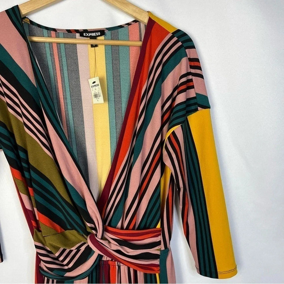 Express Colorful Stripe Twist Front Long Sleeve Straight Leg Jumpsuit S - Picture 5 of 5